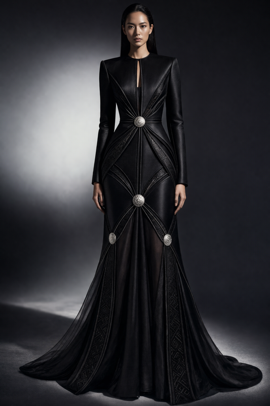 custom fitted structured evening dress designed for individual body shape — PYDAXA