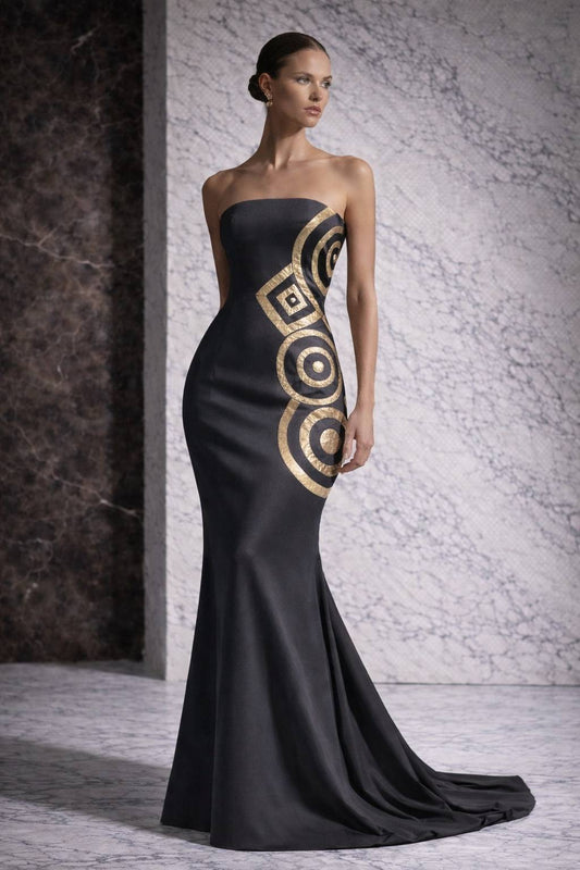structured eveningwear with controlled diagonal geometry and asymmetrical silhouette — PYDAXA