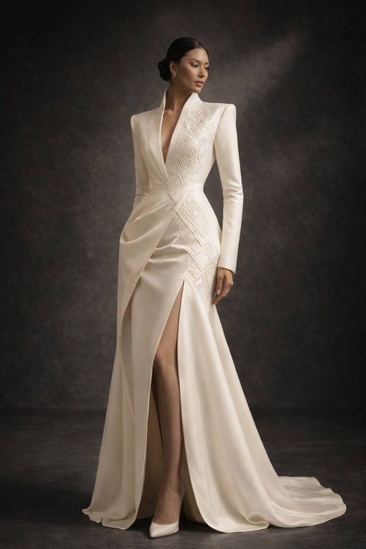 custom fitted structured evening dress tailored to individual body proportions — PYDAXA