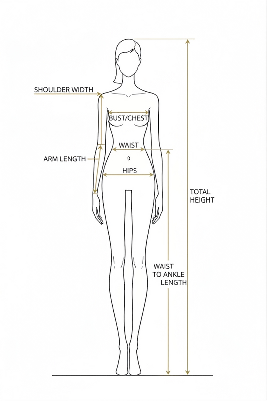 PYDAXA CORTOMFIT™ Measurement Guide — showing shoulder width, bust, natural waist, hips, arm length, high waist to ankle, and total height.