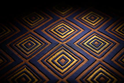 PYDAXA Inlay™ — diamond lattice reverse appliqué in navy, cognac and gold master silk — PYDAXA
