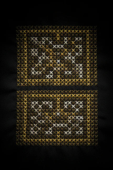 PYDAXA Matrix Stitch™ — complete cross stitch geometric grid in black and gold master silk — PYDAXA