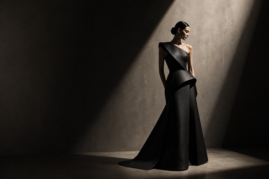 structured luxury evening dress with architectural silhouette and controlled presence — PYDAXA