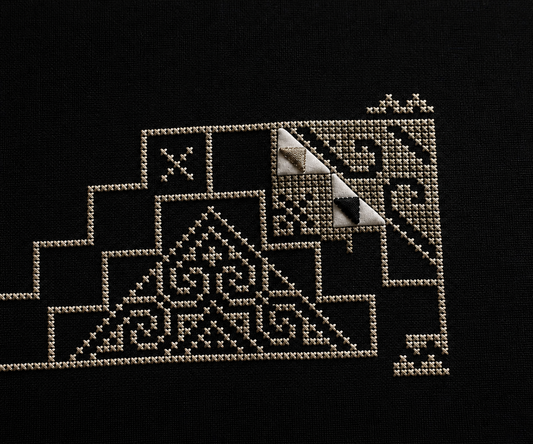 PYDAXA Matrix Stitch™ × Inlay™ — cross stitch grid structure with precision-inserted inlay panels in master silk — PYDAXA