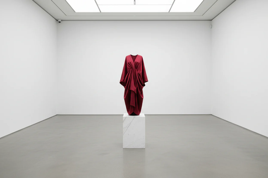 PYDAXA — structured garment displayed as art object on white pedestal in private gallery — PYDAXA