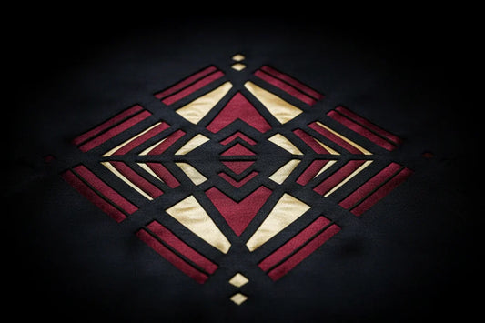 PYDAXA Inlay™ — geometric reverse appliqué diamond pattern in burgundy, black and gold master silk — PYDAXA