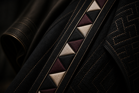 PYDAXA Inlay™ — precision triangle panels in burgundy, champagne and black master silk with Matrix Stitch™ grid — PYDAXA