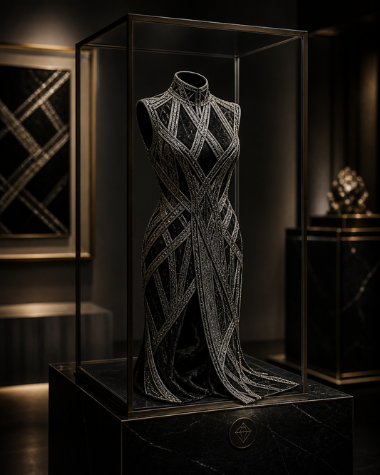 PYDAXA — structured collector piece displayed in glass case, investment-grade textile art — PYDAXA