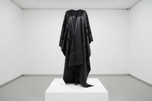 PYDAXA — structured black silk garment displayed as art object on white pedestal in private gallery — PYDAXA