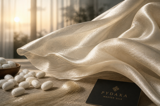 PYDAXA Master Silk — ivory silk drape with silkworm cocoons and raw thread — a material with memory — PYDAXA