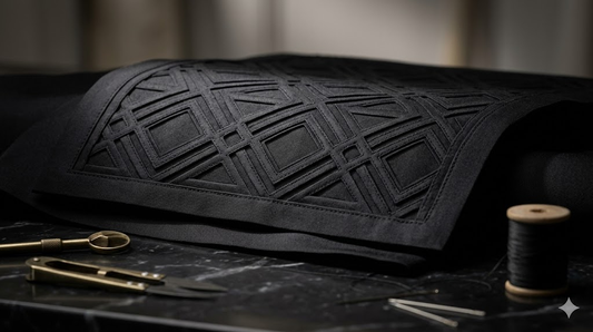 PYDAXA — tonal black PYDAXA Inlay™ panel on dark marble with gold scissors and thread, precision hand-constructed textile art — PYDAXA