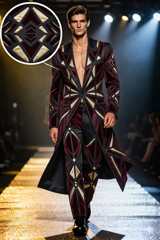 PYDAXA — structured menswear coat with geometric Inlay™ pattern in burgundy ivory and black, precision-constructed wearable art — PYDAXA