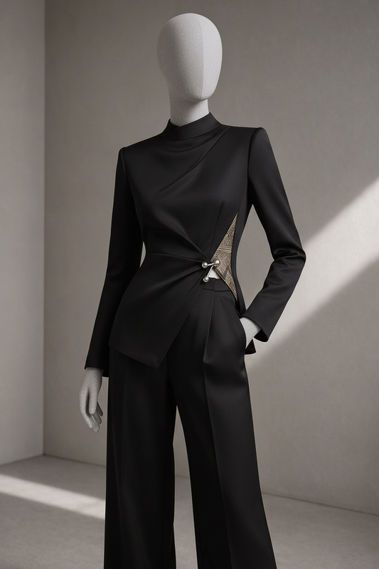 PYDAXA — structured black suit with geometric Inlay™ accent at waist, precision-constructed wearable art on mannequin — PYDAXA