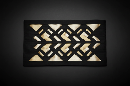 PYDAXA — PYDAXA Inlay™ fabric panel, precision hand-cut geometric pattern in black master silk with ivory and gold satin layers, wearable art — PYDAXA