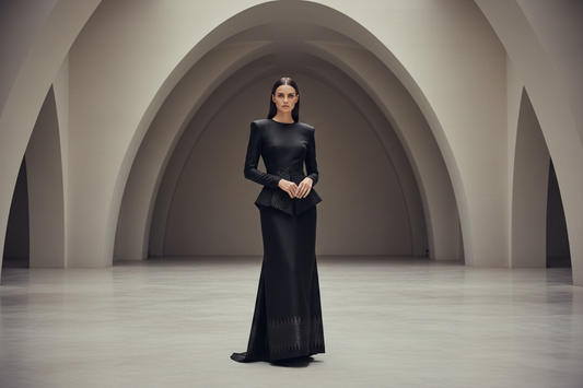 PYDAXA — structured black evening gown with precision inlay detail, model standing in architectural space, presence without performance — PYDAXA