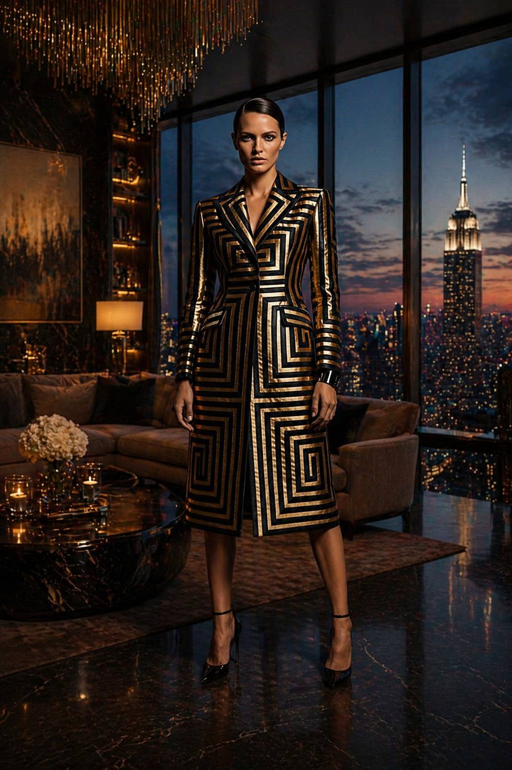 A masterfully constructed PYDAXA Inlay™ coat in obsidian and gold, showcasing structural elegance against a twilight New York City skyline. Every layer exists with intention.