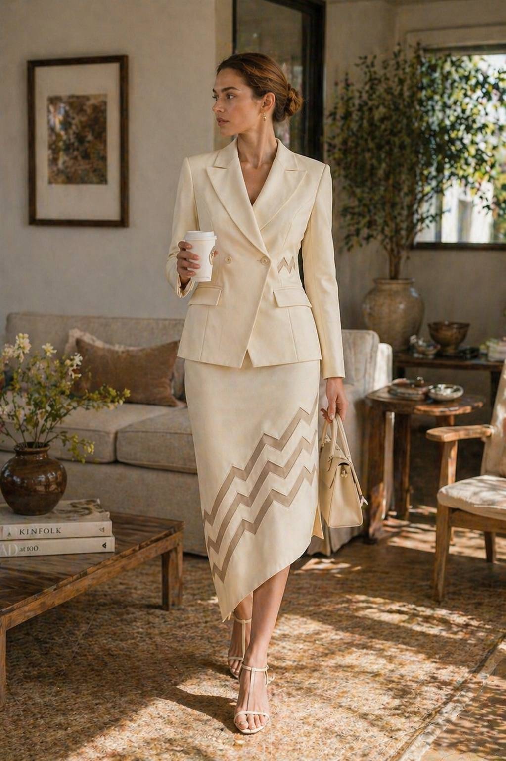 PYDAXA - Beige Structured Blazer and Skirt Set with Zigzag Pattern