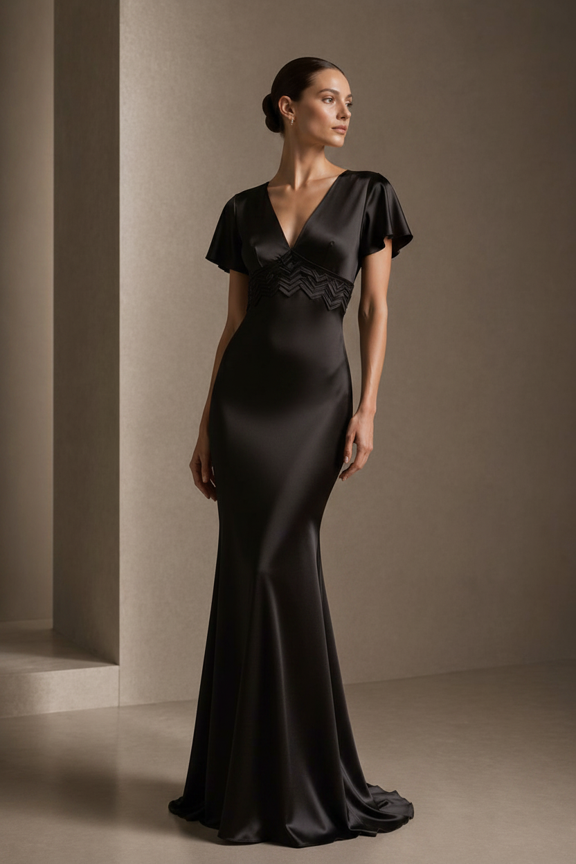 Front portrait of the PYDAXA Axis Inlay Gown in Black constructed from structured matte satin with a sculpted mermaid silhouette, featuring precision PYDAXA Inlay™ integrated into the waist structure to define the line with controlled architectural depth and quiet evening authority.