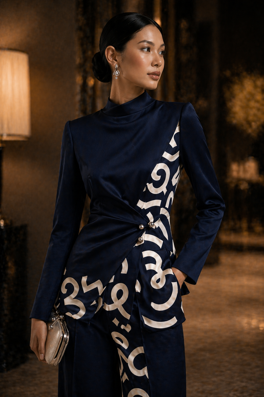 PYDAXA Calligraphy Power Suit in midnight navy master silk featuring precision PYDAXA Inlay™ ivory calligraphy detailing across a sculpted draped silhouette with structured shoulders and silver waist accents, photographed in a cinematic luxury interior with quiet authority and editorial presence.