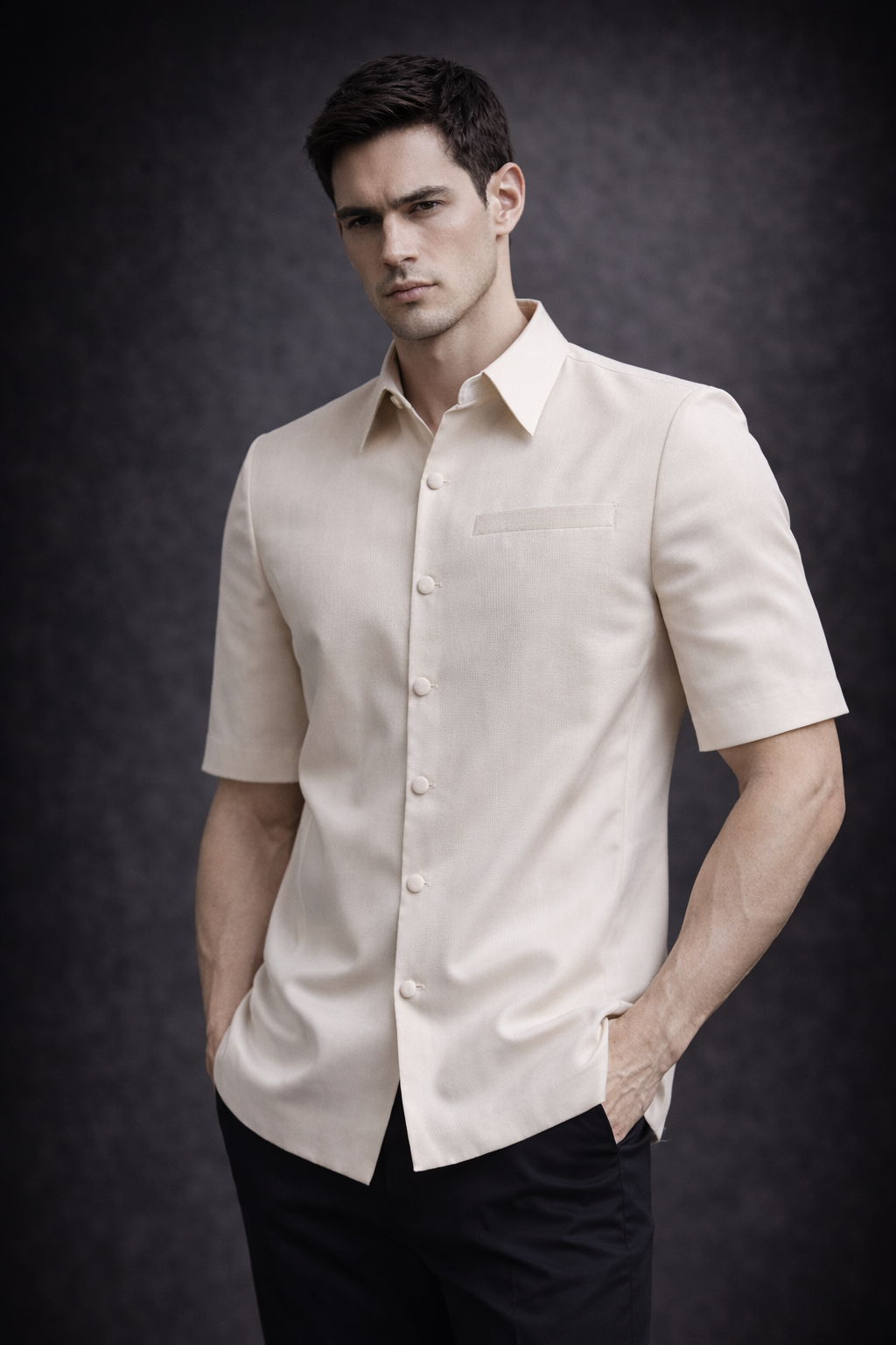 Portrait of the PYDAXA Cerulean Silk Shirt constructed in thick structured Japanese silk with a matte woven finish, featuring a precision-cut tailored silhouette, classic point collar, front button placket, and single chest pocket, photographed with restrained editorial lighting and quiet architectural presence.