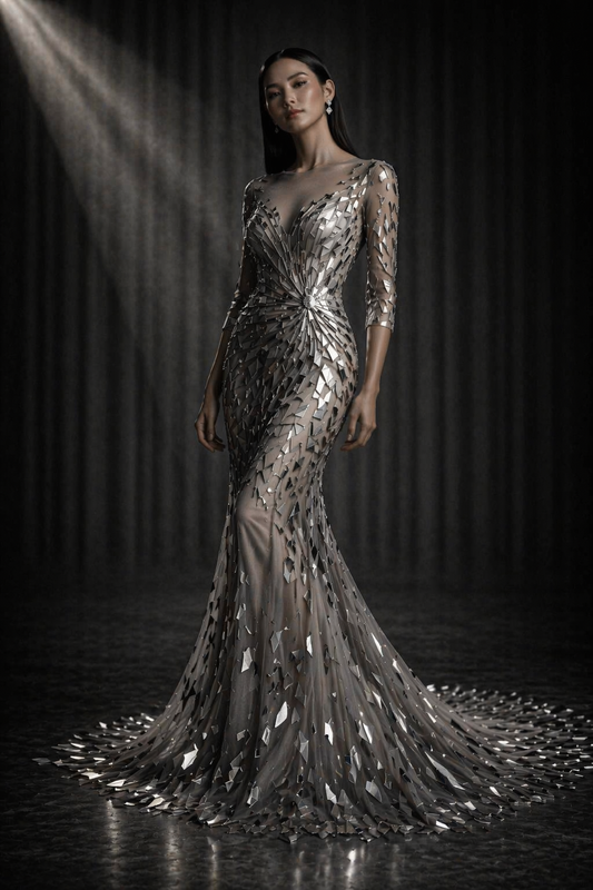 Front portrait of the PYDAXA Scroll Silver Silk Gown featuring hand-formed 92.5 sterling silver elements individually constructed over sheer mesh and satin lining, sculpted into a fluid couture silhouette with architectural movement, metallic depth, and collector-level evening presence under cinematic spotlight lighting.