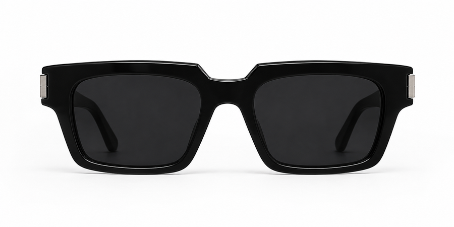 Front silhouette view of PYDAXA The Axis architectural sunglasses in Obsidian Black featuring brushed Sterling Silver 925 detailing, structured rectangular acetate construction, and minimalist luxury eyewear presentation on a clean studio background.