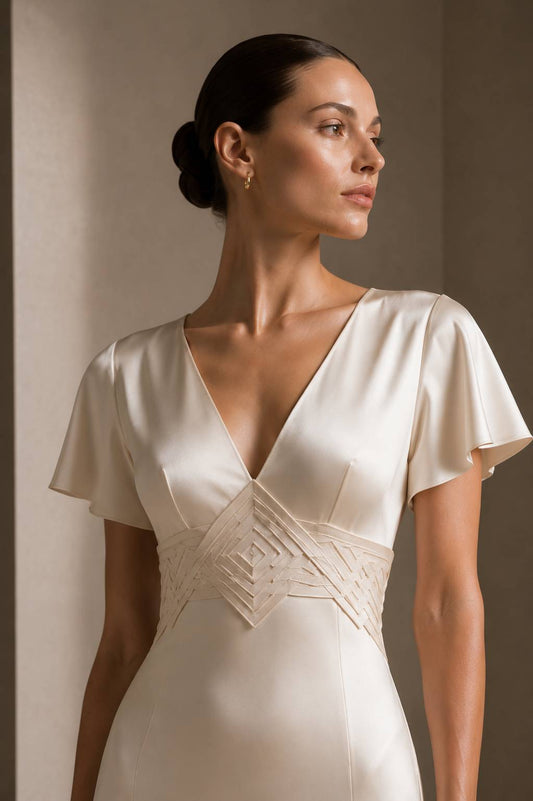 Mid-detail view of PYDAXA Eclipse Silk Gown in ivory light featuring sculptural geometric inlay construction and fluid silk eveningwear silhouette