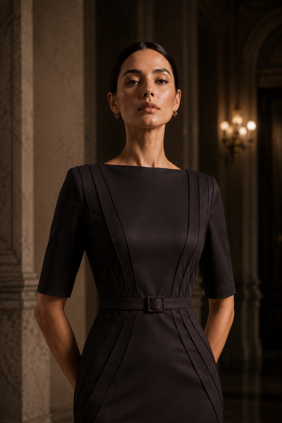 PYDAXA Veil Inlay Dress in Espresso Black featuring precision inlay construction and controlled architectural silhouette