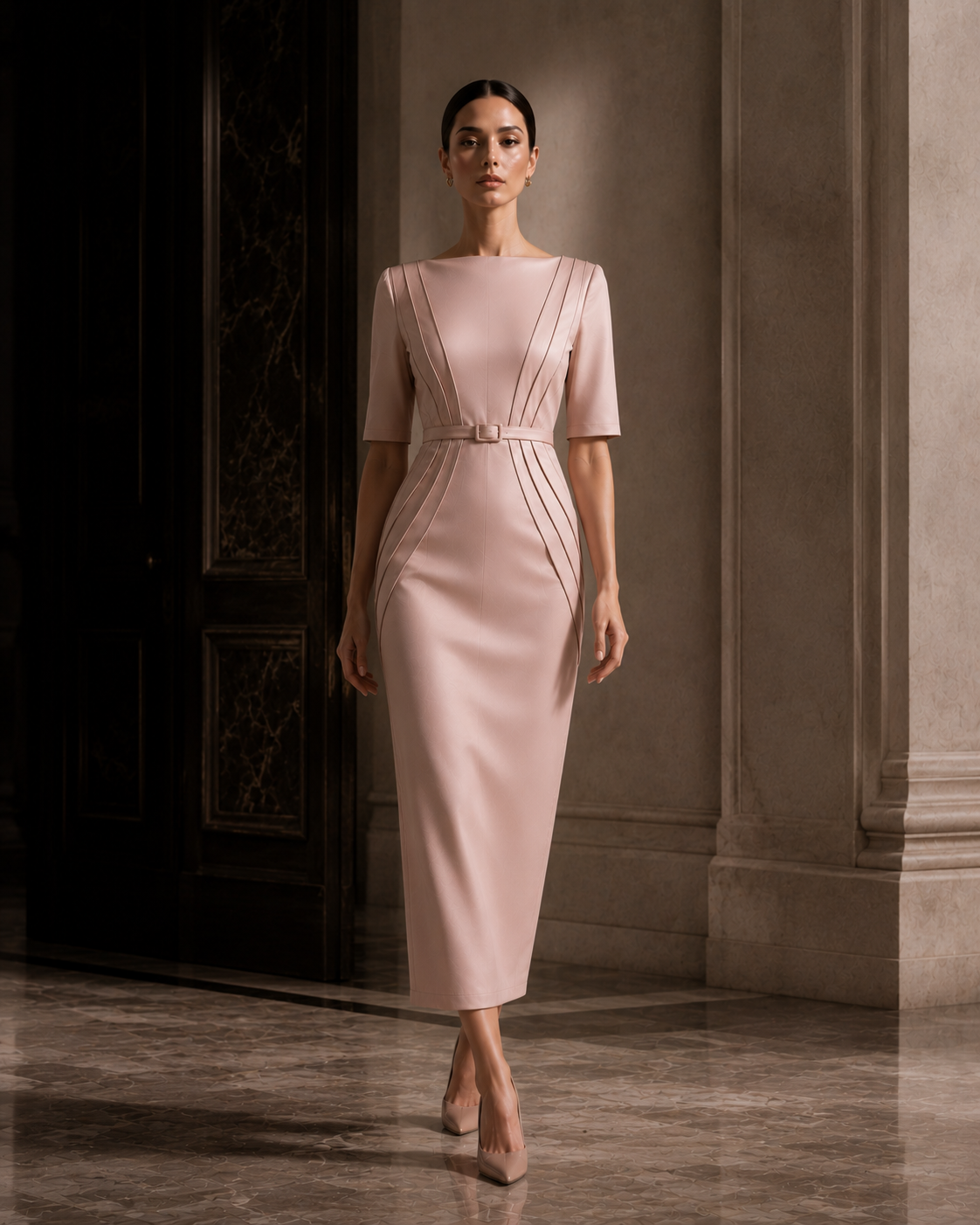 PYDAXA Veil Inlay Dress in Rose Ash featuring precision inlay construction and controlled architectural silhouette